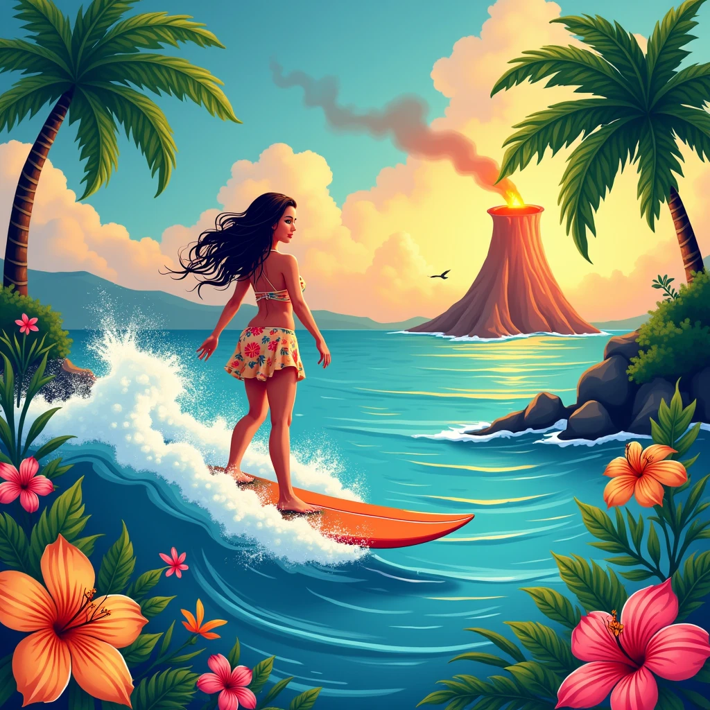 A Hawaiian style t-shirt print, happy volcanoes, ripples, surfboard, palmtrees, Hawaiian woman surfing in the distance and flowers on the edges. style cartoon, high qualiy, image covering the entire screen