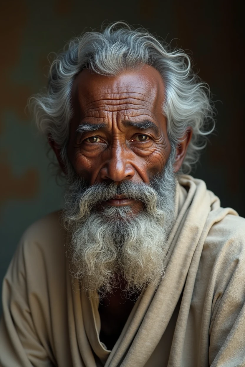 Portrait of an Old African Man, long beards and gray hair, with a linen garment, and full of wisdom, (best quality,4K,8k,high resolution,head of'artwork:1.2), ultra-detailed, (realistic,photorealistic,photo-realistic:1.37), HDR, uhd, studio lighting, extremely detailed description, professionnel, Couleurs vives, bokeh, portraits, warm color tones, soft lighting.