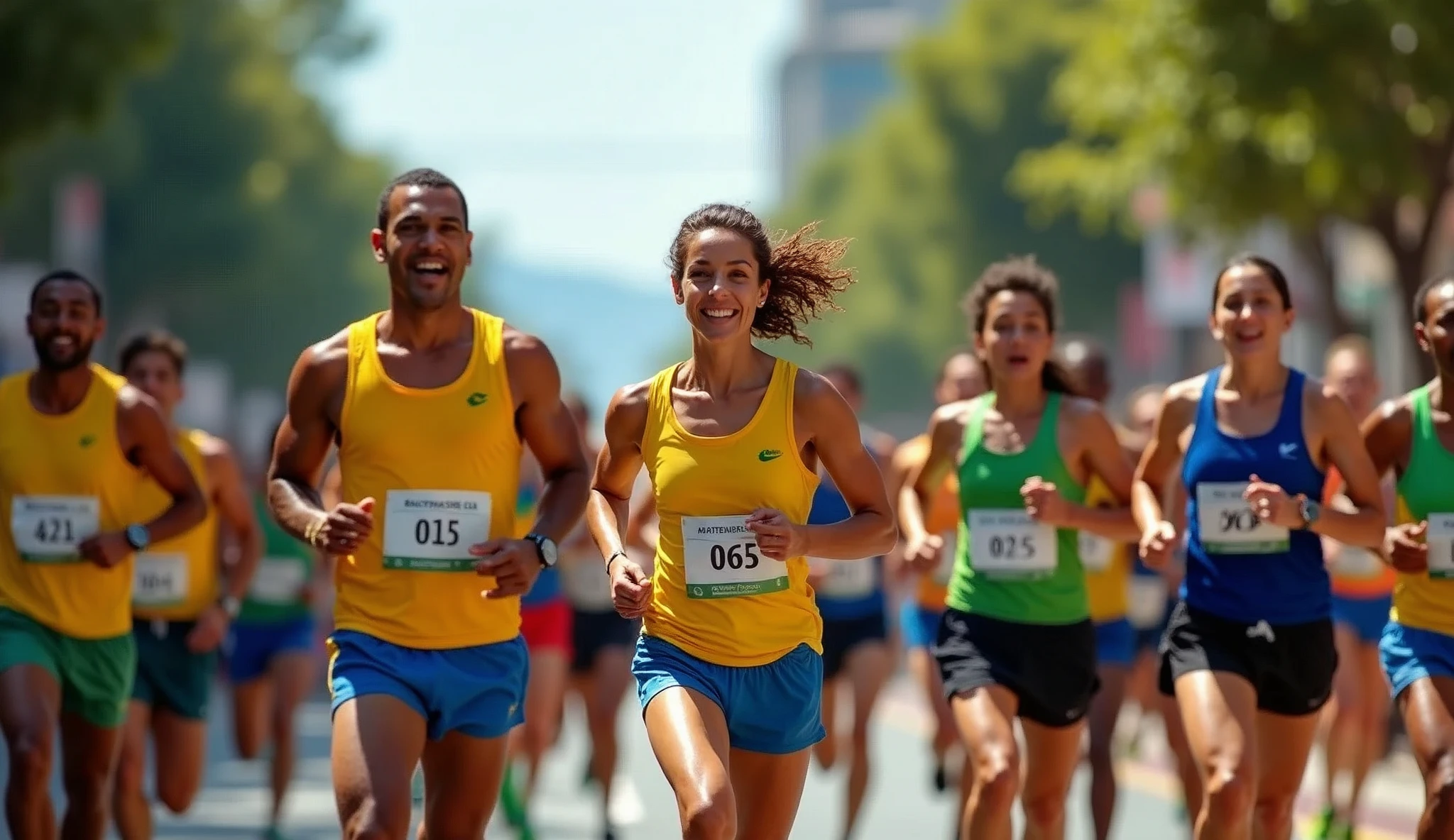 A high-quality photo of a large group of Brazilian people running in a marathon during the daytime. The runners, wearing a variety of colorful athletic gear, are in mid-stride, with expressions of focus and determination. sunlight dapples the ground, creating dynamic shadows. The scene is lively with spectators cheering from the sidelines, and the overall atmosphere is energetic and celebratory.