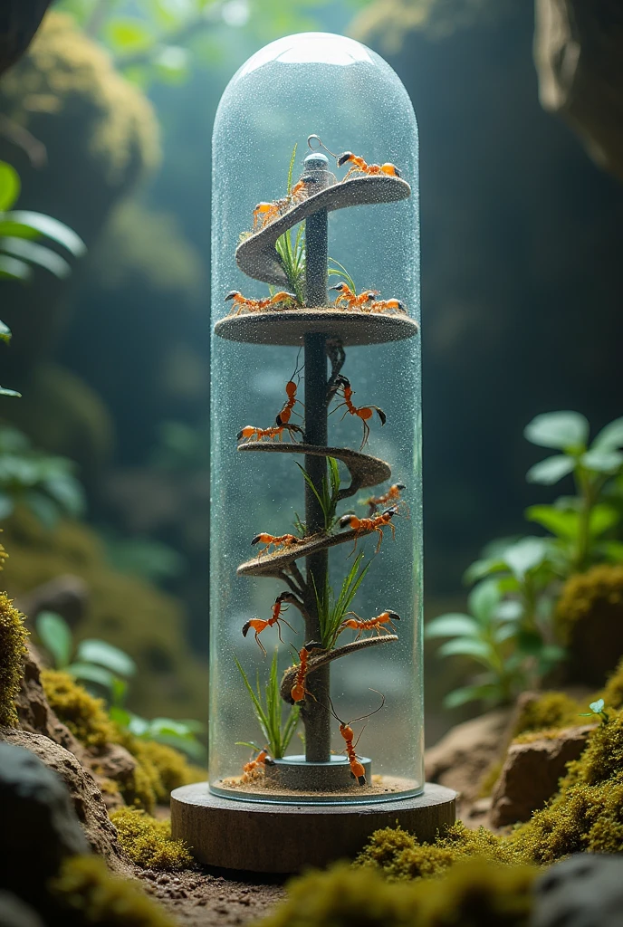 Ant elevator in a transparent air compression tube inside a large zoo and breeder terrarium