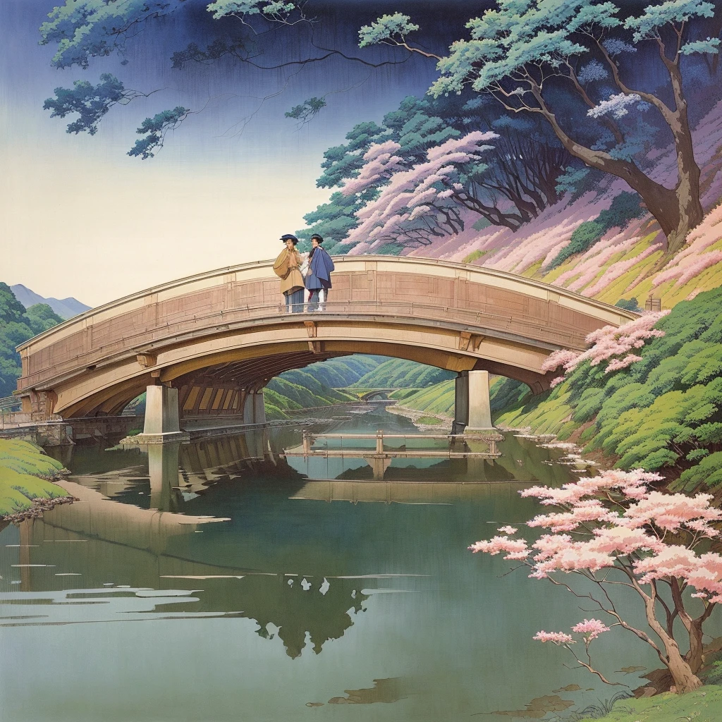 painting with a bridge, on which a man and a woman stand, Hasui Kwase, author Toshi Yoshida, inspired Hiroshi Yoshida, inspired by Matsumura Goshun, Hiroshi Yoshida, inspired author Toshi Yoshida, by Hasui Kawase, by Kawase Hasui, smooth concept art by studio ghibli