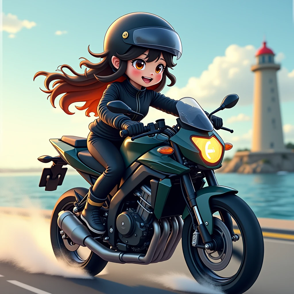 (masterpiece, cute_cartoon_style, official art, octane-render):1.33, 1girl, ((perfect hands)), busty, playful, (detailed moist eyes), (motorcycle details kawasaki ZZR400), in a jet helmet, black jacket, motor cycle pants, motorcycle shoes, (flinching hair), (jet-black hair,colored inner orange ombre hair multicolored hair):1.21, layered hair, (curly hair:0.75), (detailed brown eyes, stare eyes,) strong wind, water, wind, dynamism, power, (subjective Perspective), touring motorcycle, sprint, Full Power Sprint, fun riding, (headland, lighthouse), Beautiful and delicate light, very delicate and beautiful, glowing skin, shining hair, dense and delicate clothes, smiling girl astride an touring motorcycle, particle light,