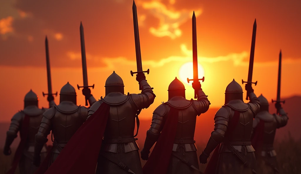 A highly realistic, high-contrast, 8K HD, detailed, hyper-detailed image of a group of medieval knights in armor, raising their swords high, standing tall under a fiery sunset. The sky is ablaze with orange and red hues, casting a dramatic light over the scene. The knights' armor glints in the fading sunlight, and their expressions are resolute, showing their readiness for battle. The atmosphere is intense and powerful, capturing the moment just before they charge into combat. The image is of the highest quality, with ultra-high resolution, RAW photo quality, and Unreal Engine rendering, depicting the knights' strength and determination under the vibrant sunset.