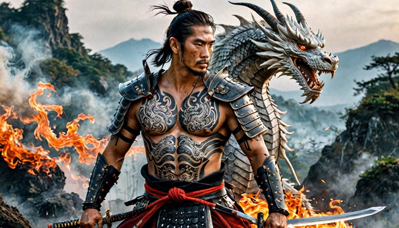 warrior samurai with a white dragon tattoo on his side, muscular, amazing sword, samurai armor, older, scars, highy detailed, intrikate, flames emanating from the body, broken armor, field of battle, misty, hyper detailled, tattoo's