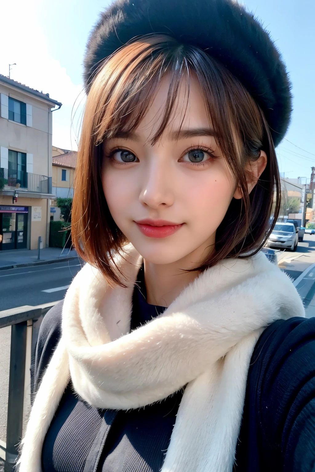 (masterpiece, Highest quality、Very attractive adult beauty、Add strong highlights to the eyes、Please look closely at the camera),One Girl, solo, Black-haired, scarf, hat,, Realistic, Looking at the audience, Light-coloured black eyes, short hair, coat, Winter clothes, White headscarf, Lips, Lip gloss，Bans, Upper body、Big eyes、Eyelashes)、((Italian road system))、((前髪ありshort hair、Big eyes、Give students a very strong highlight、Very large breasts、Staring at the audience、Very beautiful beauty、Listen carefully、Long neck、Smile a little、Beautiful Teeth、Open your mouth and laugh))、28 years old、Very cute supermodel