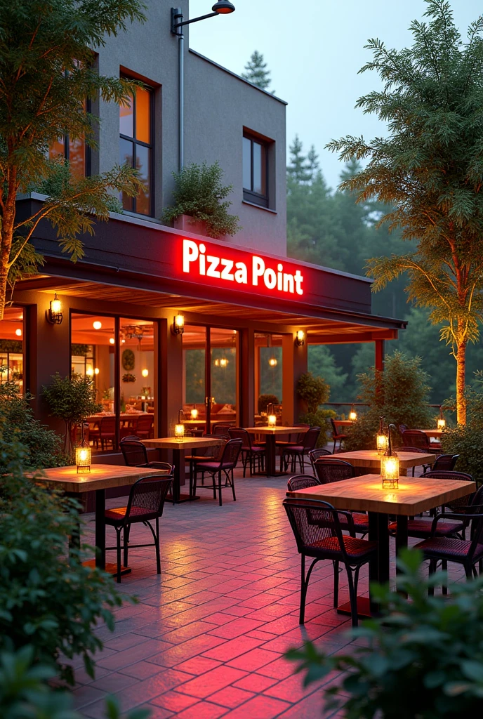 modern pizza restaurant outdoor green with plants and trees with neon sign text Pizza Point in the front of building with tables and chairs in wooden design in a greater bulding like (https://www.licht-luftbad-quartier.de/)
