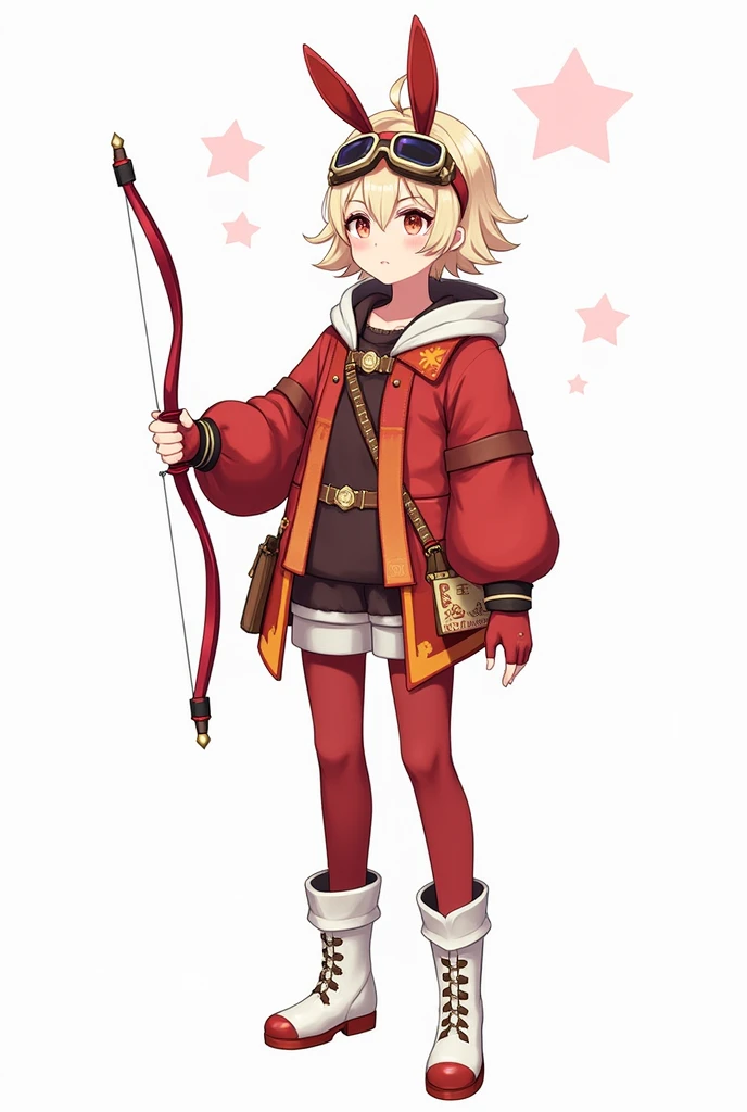 https://genshin-impact.fandom.com/wiki/Amber She wears a red bow that is shaped like a bunny ears, brown pilot goggles, two small bags with leather belts, a red and brown glove, a Pyro sigil emblazoned on the red and orange ribbon, red jacket with long sleeves, a dark brown jumper outfit, and red stock on the white boots has symbols on it.