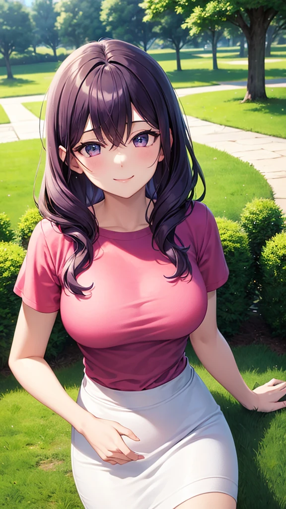 masterpiece, best quality, high detail, beautiful woman, wavy hair, purple hair, large bust, pink t-shirt, loose t-shirt, white pencil skirt, sneakers, looking at viewer, smile, wide eyed, garden, grass, park, tree, view from above, upper body