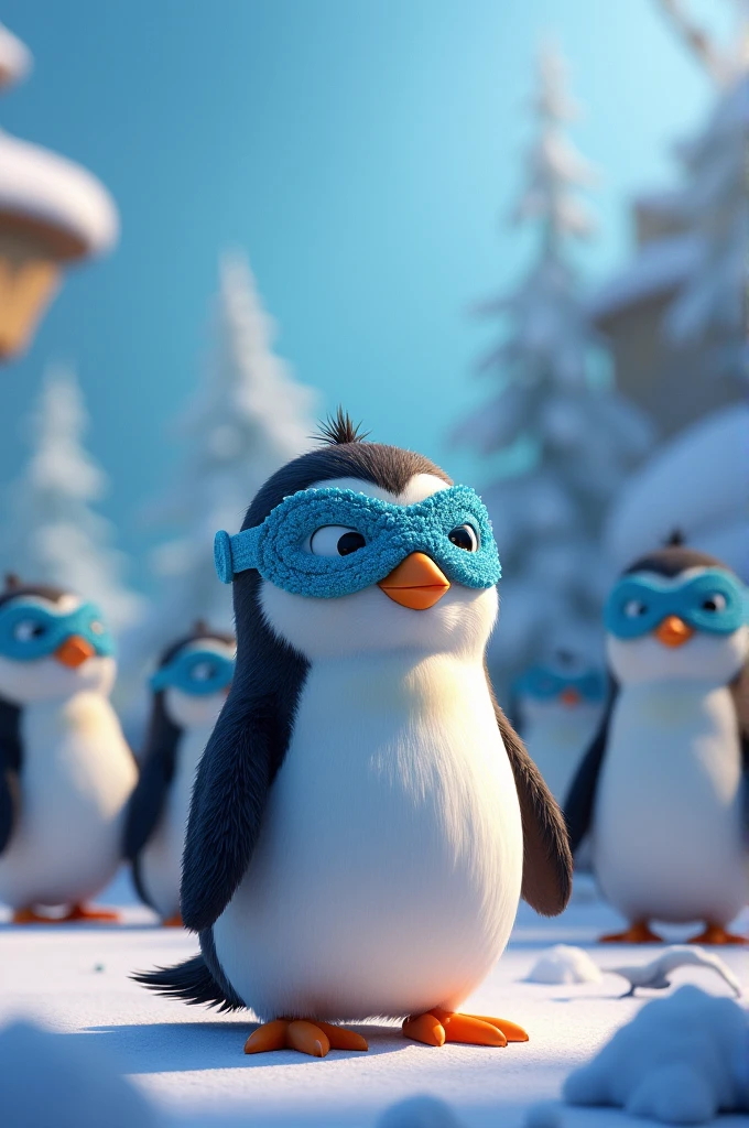 Cute little penguins wearing a blue mask in Pixar style
