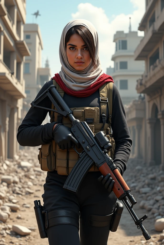 A young fedayin female warrior, 22 years old, wearing a Palestinian white and red keffieh and black civilian clothes, she is holding an AK74, Gaza city in ruins, full military gear, ready for battle, dynamic pose, tensed face