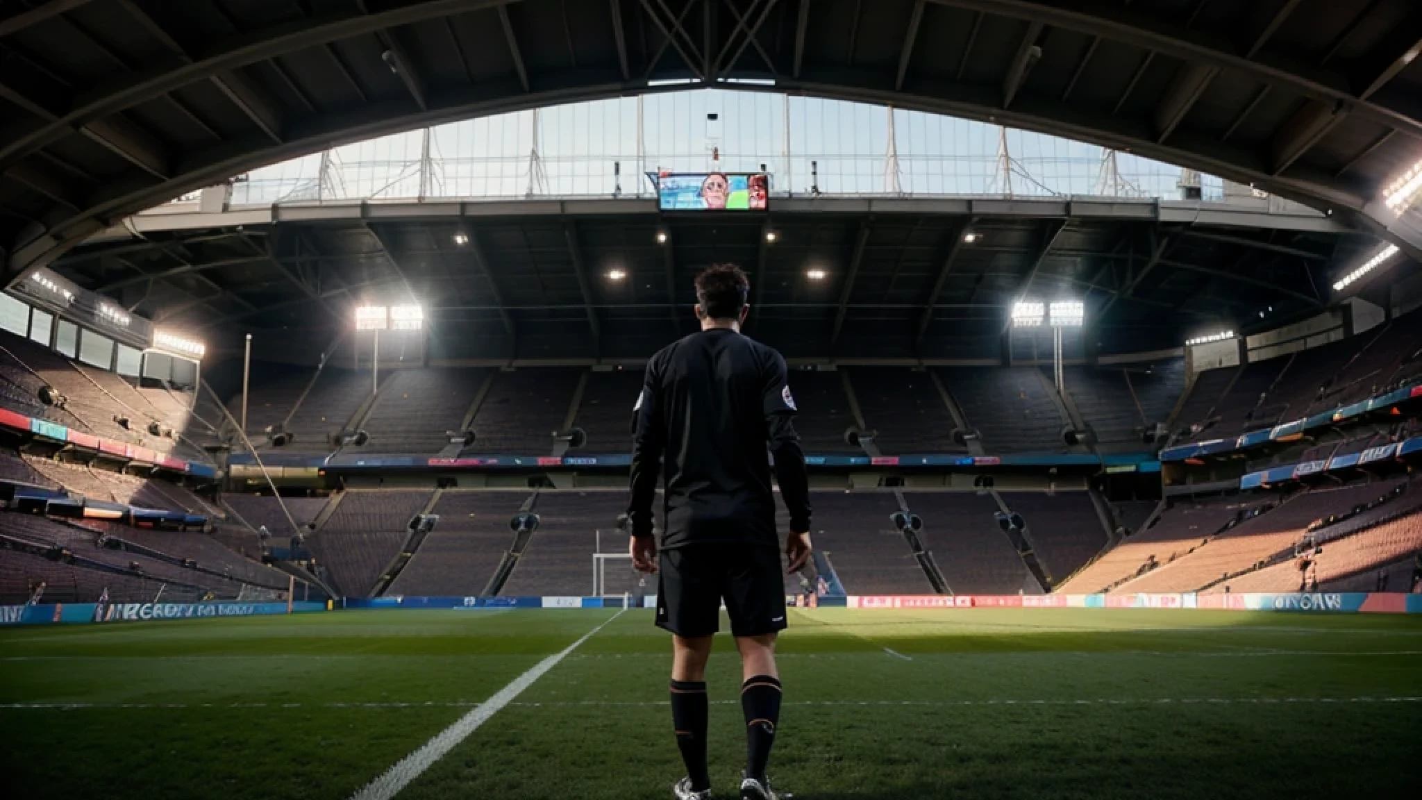 cinematic image of a soccer player standing in a stadium, from back, 8k, RTX 4090, ultra realistic