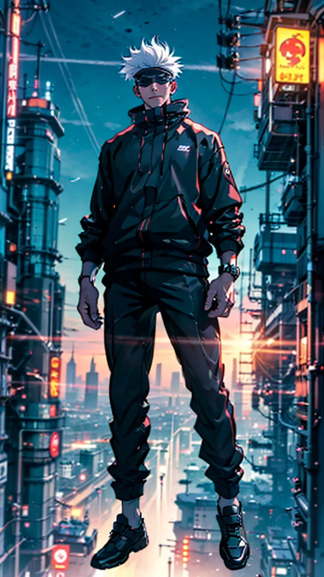 1boy, full body shot, perfect hand and fingers, godzilla , blindfold, black outfit, white hair, look at sky, smirk, red and blue moon city night background, wallpaper, cinematic,High resolution 8K, Bright light illumination, lens flare, sharpness, masterpiece, top-quality, The ultra -The high-definition, high resolution, extremely details CG, Anime style, Film Portrait Photography,masterpiece,hyperdetai