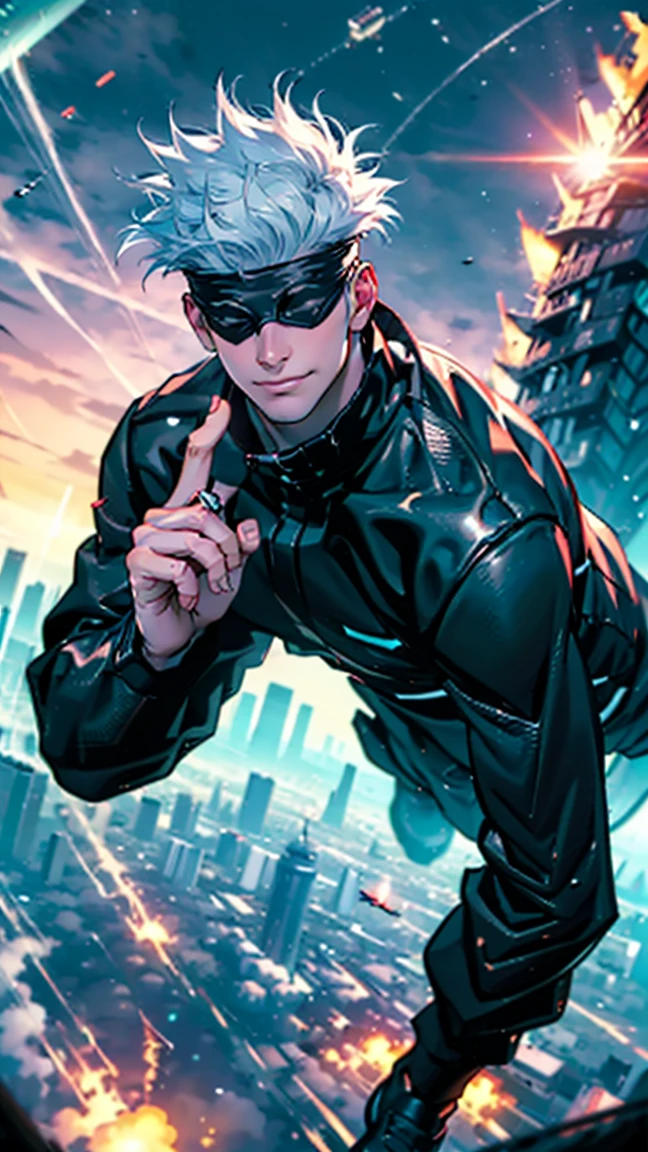 1boy, full body shot, perfect hand and fingers, godzilla , blindfold, black outfit, white hair, look at sky, smirk, red and blue moon city night background, wallpaper, cinematic,High resolution 8K, Bright light illumination, lens flare, sharpness, masterpiece, top-quality, The ultra -The high-definition, high resolution, extremely details CG, Anime style, Film Portrait Photography,masterpiece,hyperdetai