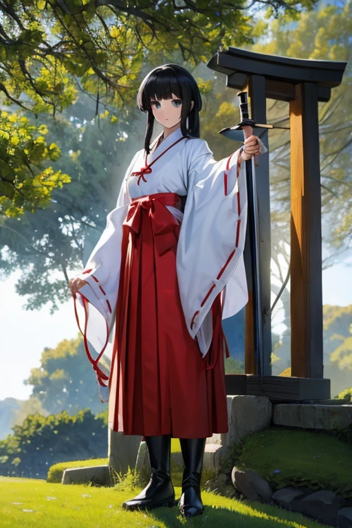 Highest quality, Very detailed,masterpiece,anime, Ultra-high resolution,If you look closely at the eyes, Best illustrations, A very condensed individual, (Very delicate and cute face)、Character portrait、Full body portrait、beautiful girl,Shrine maiden,Japanese、Black hair in a medium-length style reaching her shoulders,Green Eyes、黒タイツと黒いインナーシャツの上に伝統的なShrine maiden服を着ている、Leather long boots、Standing with a wooden sword drawn、No background、Characters only、