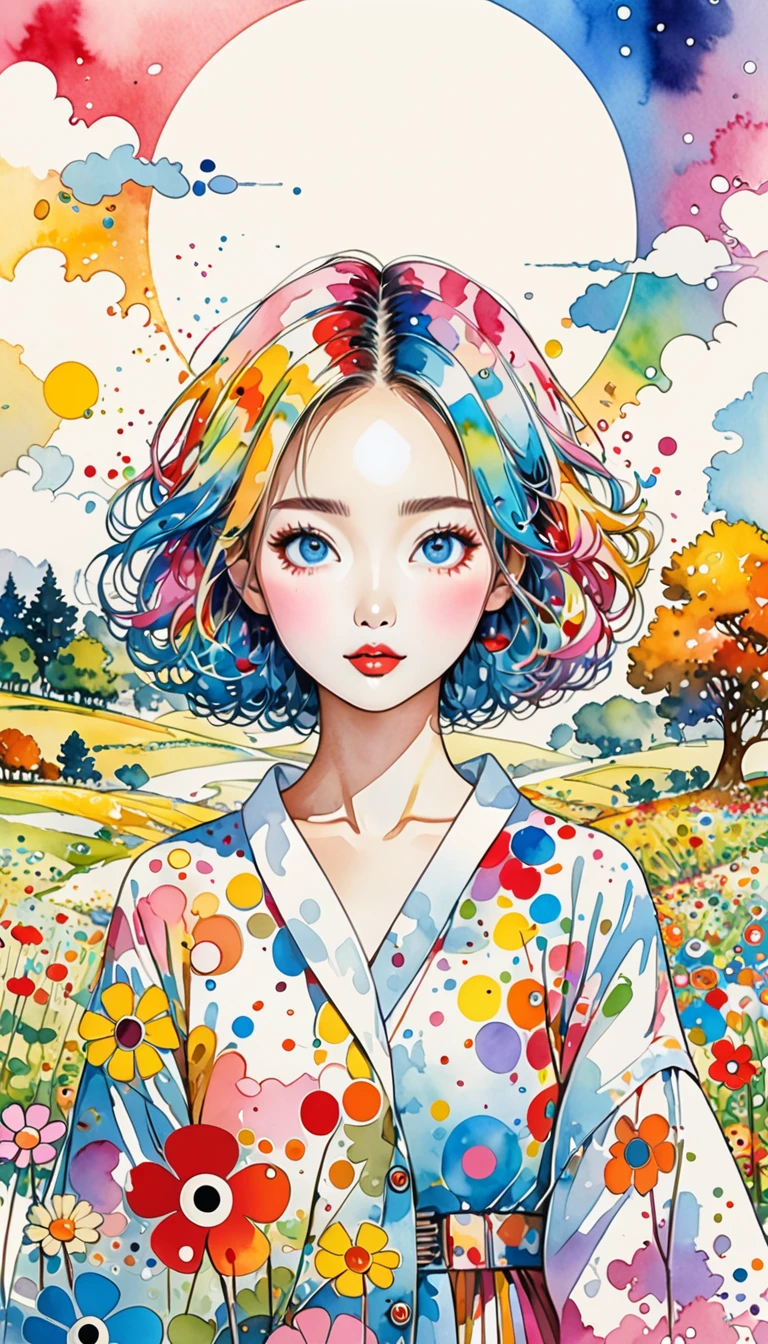Takashi Murakami Style、(((stylish fashion))), 8K Quality、Intense watercolor, Detailed watercolor art, Watercolor splash, Surreal, avant-garde pop art, Beautiful and expressive paintings, Beautiful artwork illustration, Very colorful tones, wonderful, Cool beauty, highest quality、Official Art, Vector art, Stylish design, ((100 Acre Wood)),(((The most beautiful smiling girl1.3))), (((picnic with pooh))), (((highest quality))), HDR, ((detailed)), (((Doodle Art)), ((masterpiece)), ((Super detailed)), (((Stylish))),