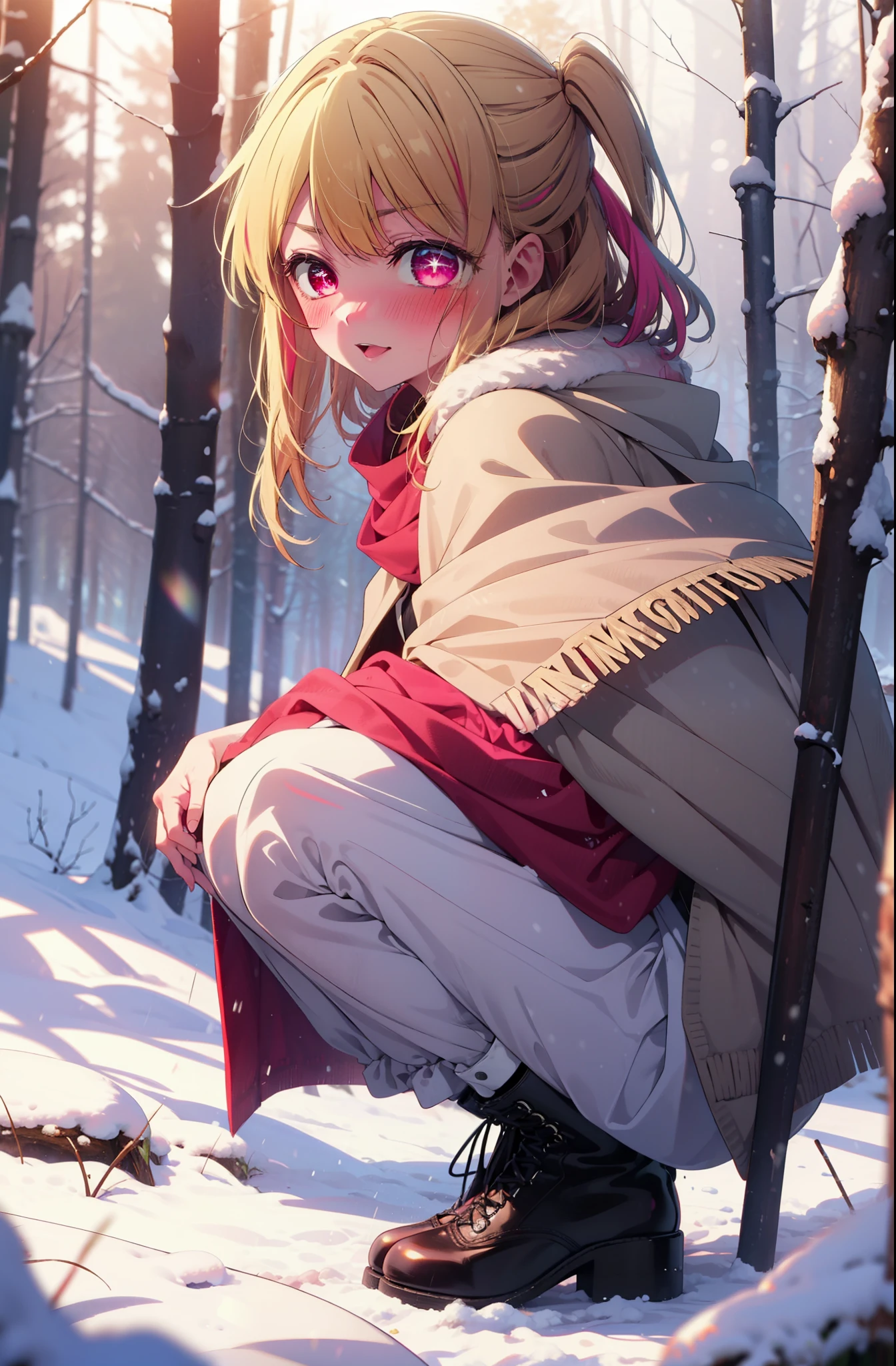 rubyhoshino, Hoshino Ruby, Long Hair, bangs, Blonde, (Pink Eyes:1.3), (Symbol-shaped pupil:1.5), Multicolored Hair, Two-tone hair, smile,blush,white breath,
Open your mouth,snow,Ground bonfire, Outdoor, boots, snowing, From the side, wood, suitcase, Cape, Blurred, , forest, White handbag, nature, Squat, Mouth closed, Cape, winter, Written boundary depth, Black shoes, red Cape break looking at viewer, Upper Body, whole body, break Outdoor, forest, nature, break (masterpiece:1.2), Highest quality, High resolution, unity 8k wallpaper, (shape:0.8), (Beautiful and beautiful eyes:1.6), Highly detailed face, Perfect lighting, Highly detailed CG, (Perfect hands, Perfect Anatomy),