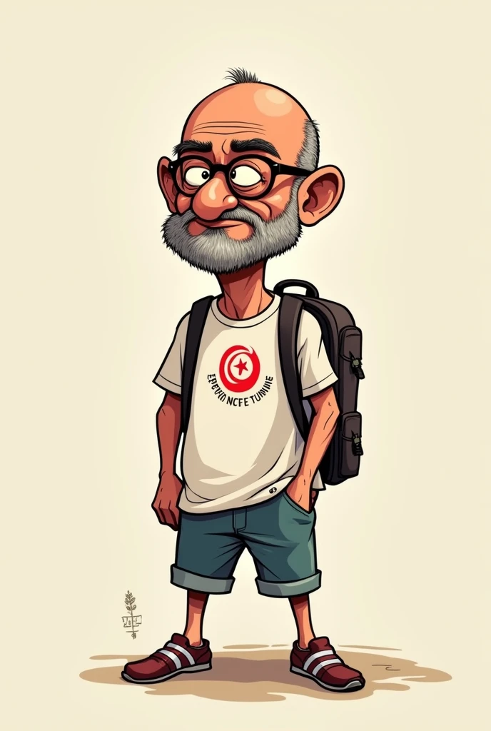Cartoon of a 40-year-old man, bald, thin, unshaven, carrying a small backpack on his back, wearing a T-shirt of the Tunisian Esperance Sportive de Tunis