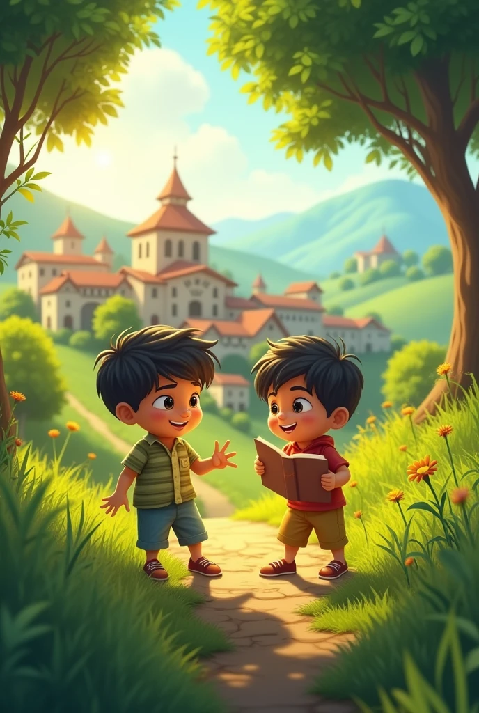 Once upon a time, in a small village, there were two friends—Meghraj and Tanishk.
"A quaint, picturesque village with two young boys, Meghraj and Tanishk, playing and studying together in a lush green field."