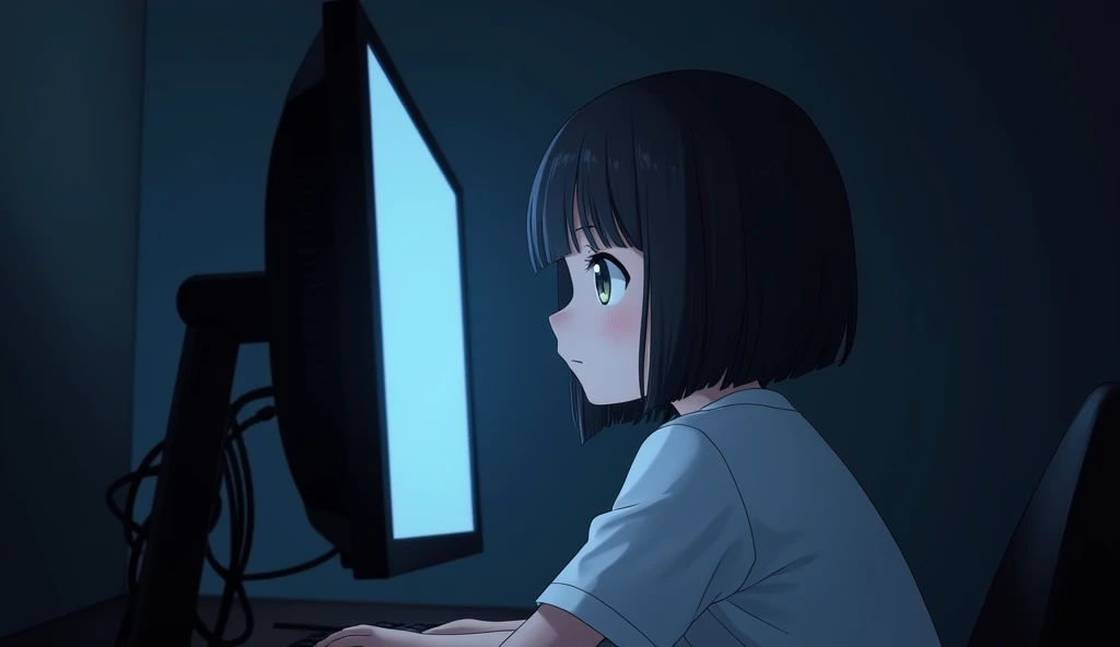 One girl, PC monitor perspective,Looking into the monitor,A round, heavy bob haircut,19 years old,White T-shirt,Dark Room,Anime Style,High resolution, 
