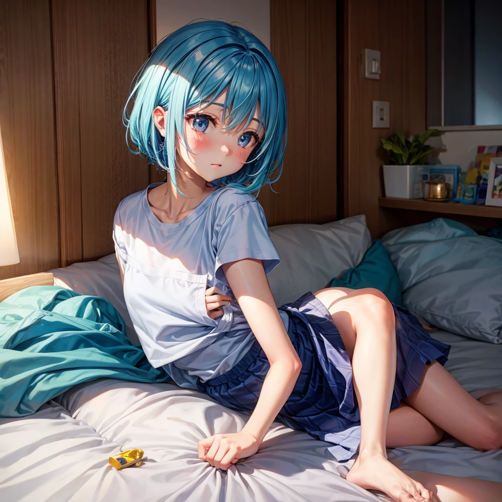 short stature、elementary school student、light blue hair、、cute、onegirl、Completely naked、bed、Lie down、on back