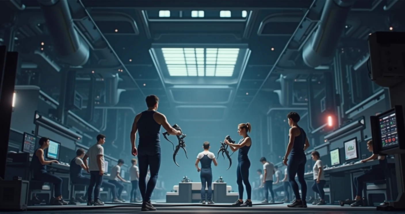 Young men and women dressed in modern technical clothes and holding modern technical equipment, a huge research laboratory full of modern technical equipment, conducting an experiment, a wall with large monitors, computers, several large robotic arms with pincers are down from the ceiling, some thick data wires are scattered on the floor,