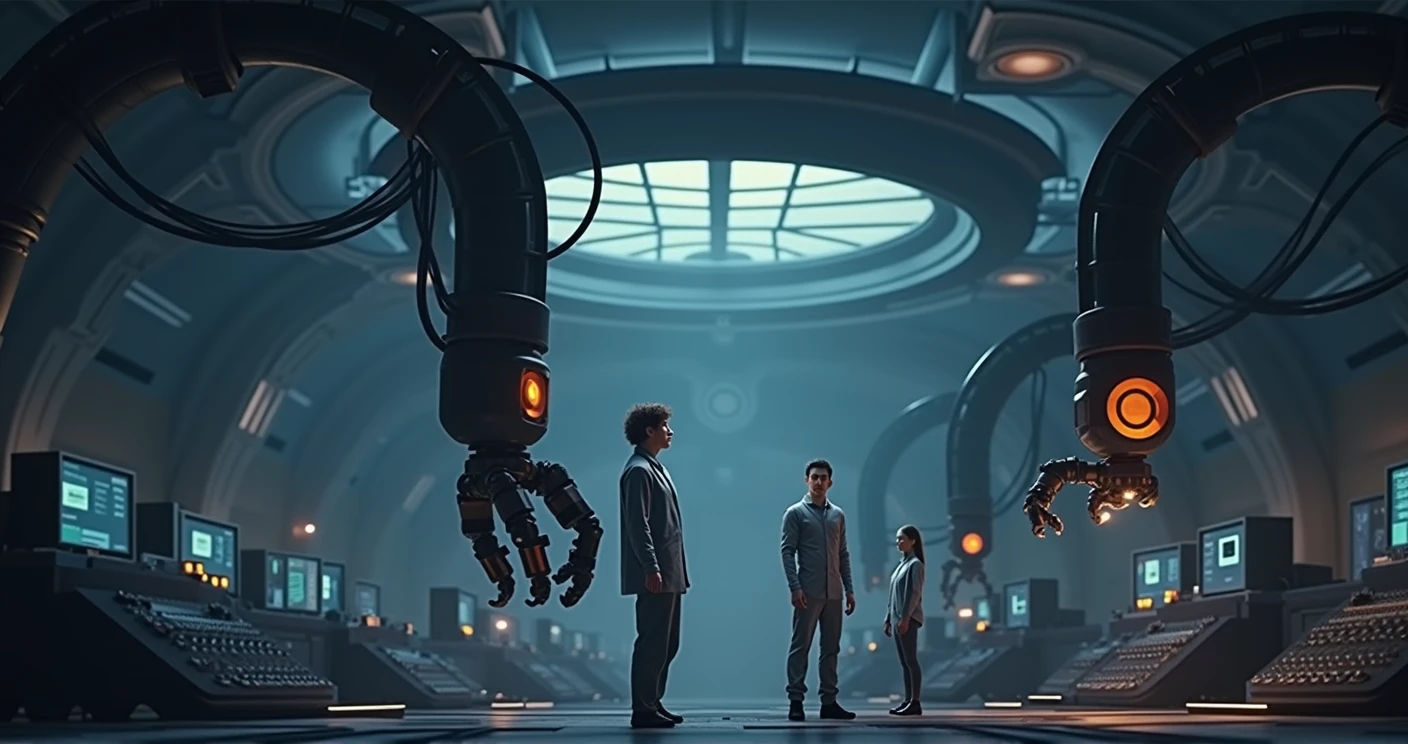 Young men and women dressed in modern technical clothes and holding modern technical equipment, a huge research laboratory full of modern technical equipment, conducting an experiment, a wall with large monitors, computers, several large robotic arms with pincers are down from the ceiling, some thick data wires are scattered on the floor,