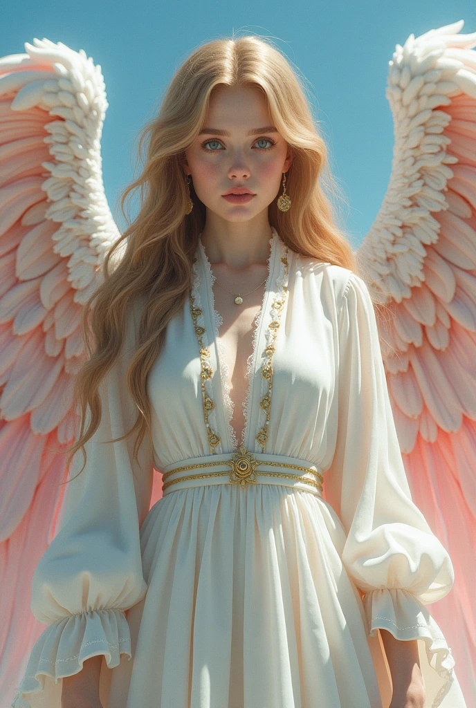 Anthropomorphic angel girl in a white noble robe, intricate details, Intricate Grimbly artwork, The sky behind, Pink, Beautiful wings, Detailed eyes and lips