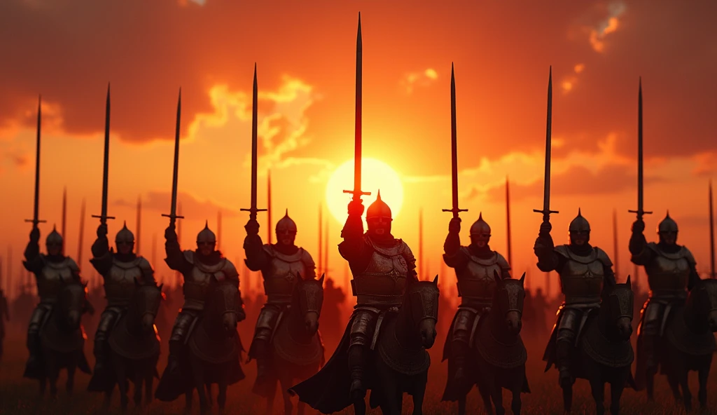 A highly realistic, high-contrast, 8K HD, detailed, hyper-detailed image of a group of medieval knights in armor, raising their swords high, standing tall under a fiery sunset. The sky is ablaze with orange and red hues, casting a dramatic light over the scene. The knights' armor glints in the fading sunlight, and their expressions are resolute, showing their readiness for battle. The atmosphere is intense and powerful, capturing the moment just before they charge into combat. The image is of the highest quality, with ultra-high resolution, RAW photo quality, and Unreal Engine rendering, depicting the knights' strength and determination under the vibrant sunset.