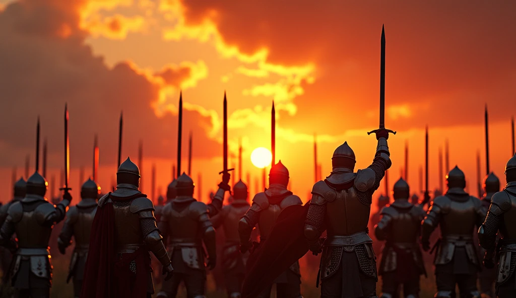 A highly realistic, high-contrast, 8K HD, detailed, hyper-detailed image of a group of medieval knights in armor, raising their swords high, standing tall under a fiery sunset. The sky is ablaze with orange and red hues, casting a dramatic light over the scene. The knights' armor glints in the fading sunlight, and their expressions are resolute, showing their readiness for battle. The atmosphere is intense and powerful, capturing the moment just before they charge into combat. The image is of the highest quality, with ultra-high resolution, RAW photo quality, and Unreal Engine rendering, depicting the knights' strength and determination under the vibrant sunset.
