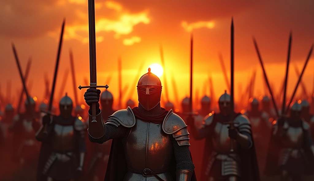 A highly realistic, high-contrast, 8K HD, detailed, hyper-detailed image of a group of medieval knights in armor, raising their swords high, standing tall under a fiery sunset. The sky is ablaze with orange and red hues, casting a dramatic light over the scene. The knights' armor glints in the fading sunlight, and their expressions are resolute, showing their readiness for battle. The atmosphere is intense and powerful, capturing the moment just before they charge into combat. The image is of the highest quality, with ultra-high resolution, RAW photo quality, and Unreal Engine rendering, depicting the knights' strength and determination under the vibrant sunset.