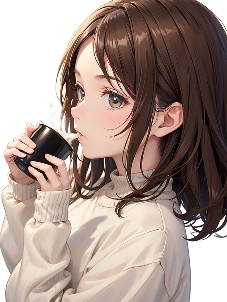 1 girl, brown hairs, sweater, drinking coffee, ((white background)), side view, whole head