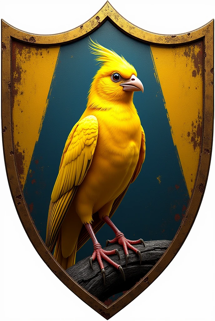 Create a shield with a canary on the front in yellow and the name CANARINHOS FC inside the shield