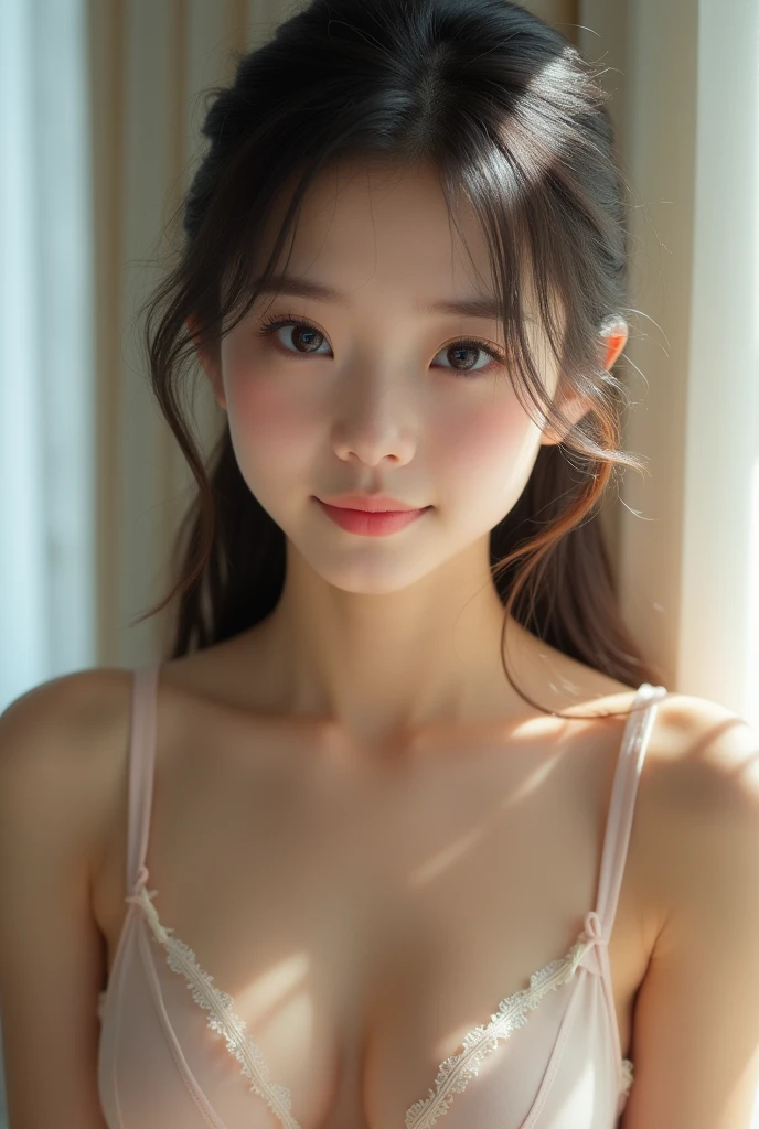 realistic photo, young girl, solo, 18 yo, kawaii, idol face, (highly detailed face and eyes), (flat chest, completely naked, sheer bra, navel:1.3), nipples, (Twintails), happy smile, wonderfully beautiful, amazing, detailed face and body, natural lighting, high resolution, photorealistic, (best quality:1.3), (8k, highres, masterpiece:1.2), ultra-detailed, (realistic, photorealistic, photo-realistic:1.37), realistic skin texture, beautiful detailed face, Transparent bare skin, smooth skin, fine adult body, light shining through the window, (fine face),