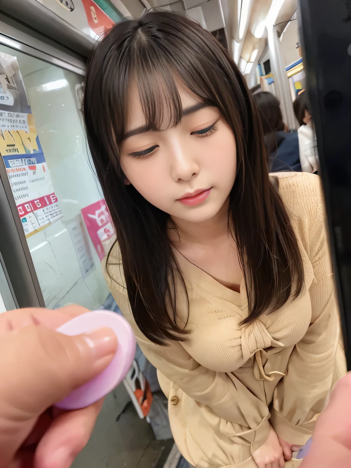 Vibrator prank on the train、Woman on the train,She leaned forward.,(She closes her eyes),she yawns,　Many passengers around、crowd、view outside the window、Hand holding a pink remote control outside the frame,She wants me to stop using the vibrator,Look here and plead、Embarrassed face、She puts her hand on her crotch,She is wearing fashionable clothes、White blouse、on the train、Fluffy medium hair、Pure erotic face、(Masseter muscle area:1.3)、(8k、Photorealistic、RAW Photos、Highest quality: 1.4)、(One Girl)、Very beautiful face、Very beautiful face、Very beautiful face、(Very realistic face)、(Brown hair、Fluffy medium hair:1.3)、Very beautiful hairstyles、Very realistic eyes、Very beautiful details、（Extremely realistic skin）、Very beautiful skin、absurdes、Very attractive、Ultra-high resolution、surreal、High definition、Golden Ratio、Golden Ratio、Golden Ratio、beauty、beauty、beauty。