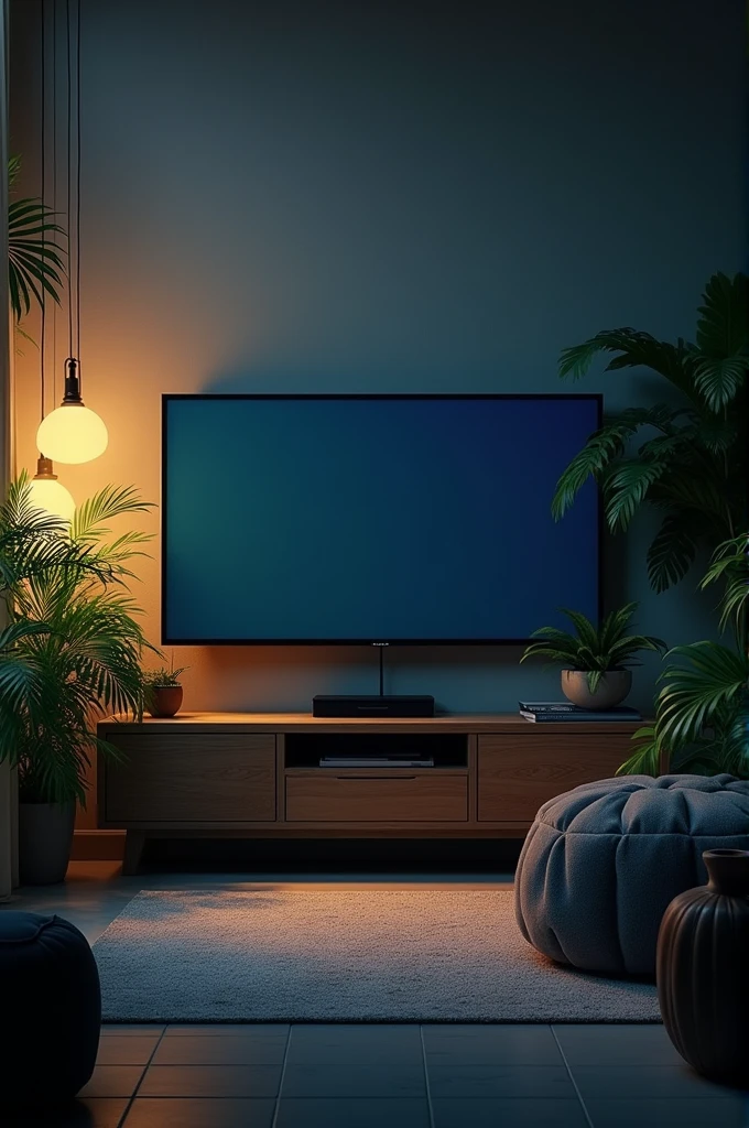 A room with a large TV and plants in pots, at night 