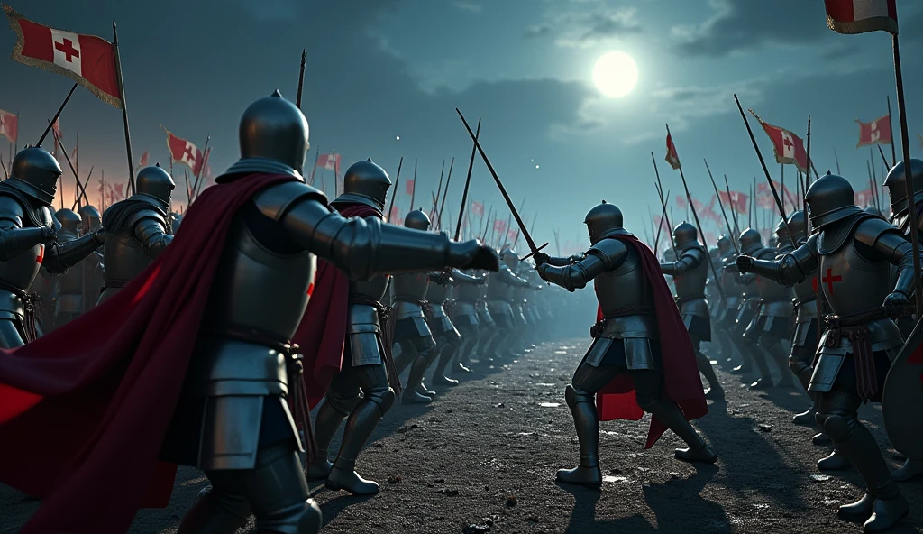 A highly realistic, high-contrast, 8K HD, detailed, hyper-detailed battle scene where the knights from the provided image, wearing steel armor with red crosses on their tunics, are fiercely engaged in direct combat with an enemy army of knights clad in full silver armor, without any emblems. The two forces are clashing with swords, shields, and armor, under a dark night sky illuminated by the cold light of the moon and stars. The battle is chaotic and intense, with knights from both sides locked in close combat, striking at each other with relentless force. The ground is stained with the evidence of battle, as knights grapple and strike, their armor clanging with every hit. The dramatic lighting captures every detail of the fierce struggle, the sparks flying from swords, and the tension of the battle. The image is of the highest quality, with ultra-high resolution, RAW photo quality, and Unreal Engine rendering, emphasizing the brutal and epic nature of this deadly confrontation.