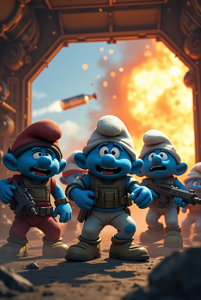 A group of 6 smurfs with papa smurf and grandpa smurf with weapons and armor from the video game rust in the back of a transport helicopter that is just being hit by a surface to air missle and wxploding in the air with the smurf’s screaming 