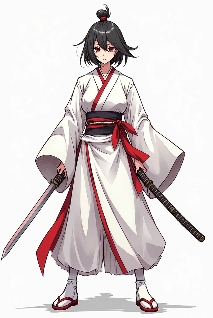 (illustrator) sketsa anime, samurai, kimono, red, front position, full body