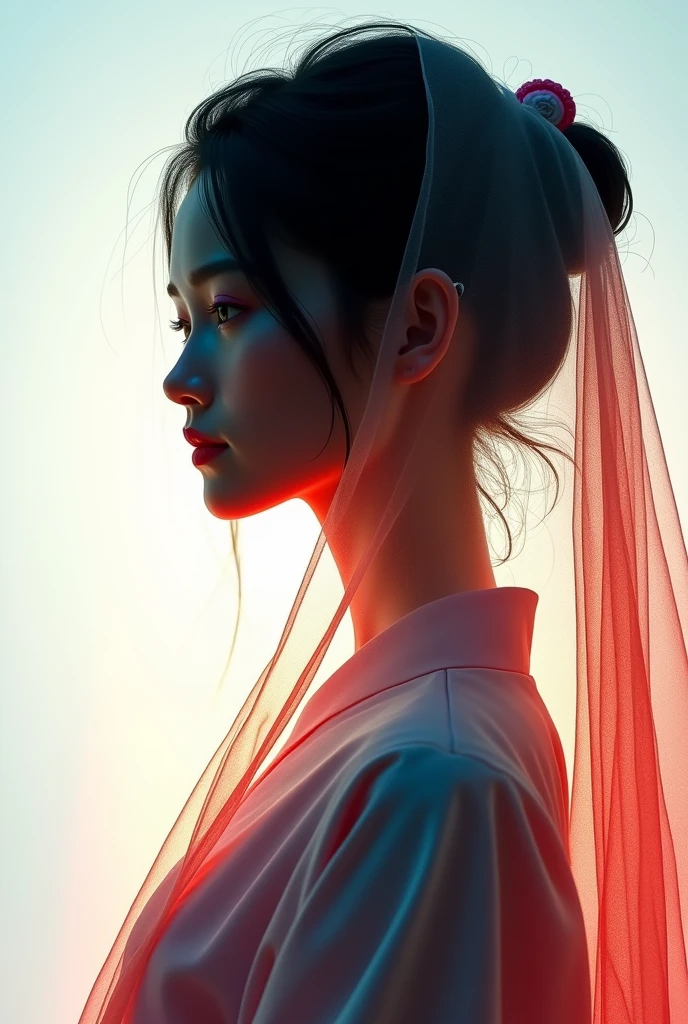 Shadow puppet style，The image is veiled in a thin gauze，A beautiful and elegant ancient girl，Beautiful and delicate features，Colorful Lights and Shadows，Ink painting aesthetic，White background，Clean background，Poster composition，Silhouette，Backlight。