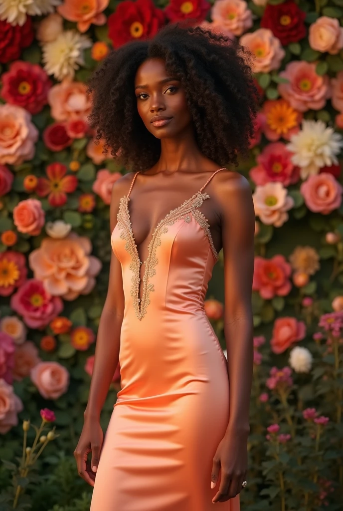 Create a realistic photo of a woman wearing a form-fitting evening gown in pastel orange. The gown should be elegant and sophisticated, highlighting the woman's grace. The background should feature a vibrant floral wall with a mix of colorful flowers. The scene should be set at the end of the day, with the soft, warm light of the evening creating a beautiful, serene atmosphere. Ensure the pastel orange gown contrasts beautifully with the multi-colored floral backdrop, capturing a sense of refined elegance and tranquility.