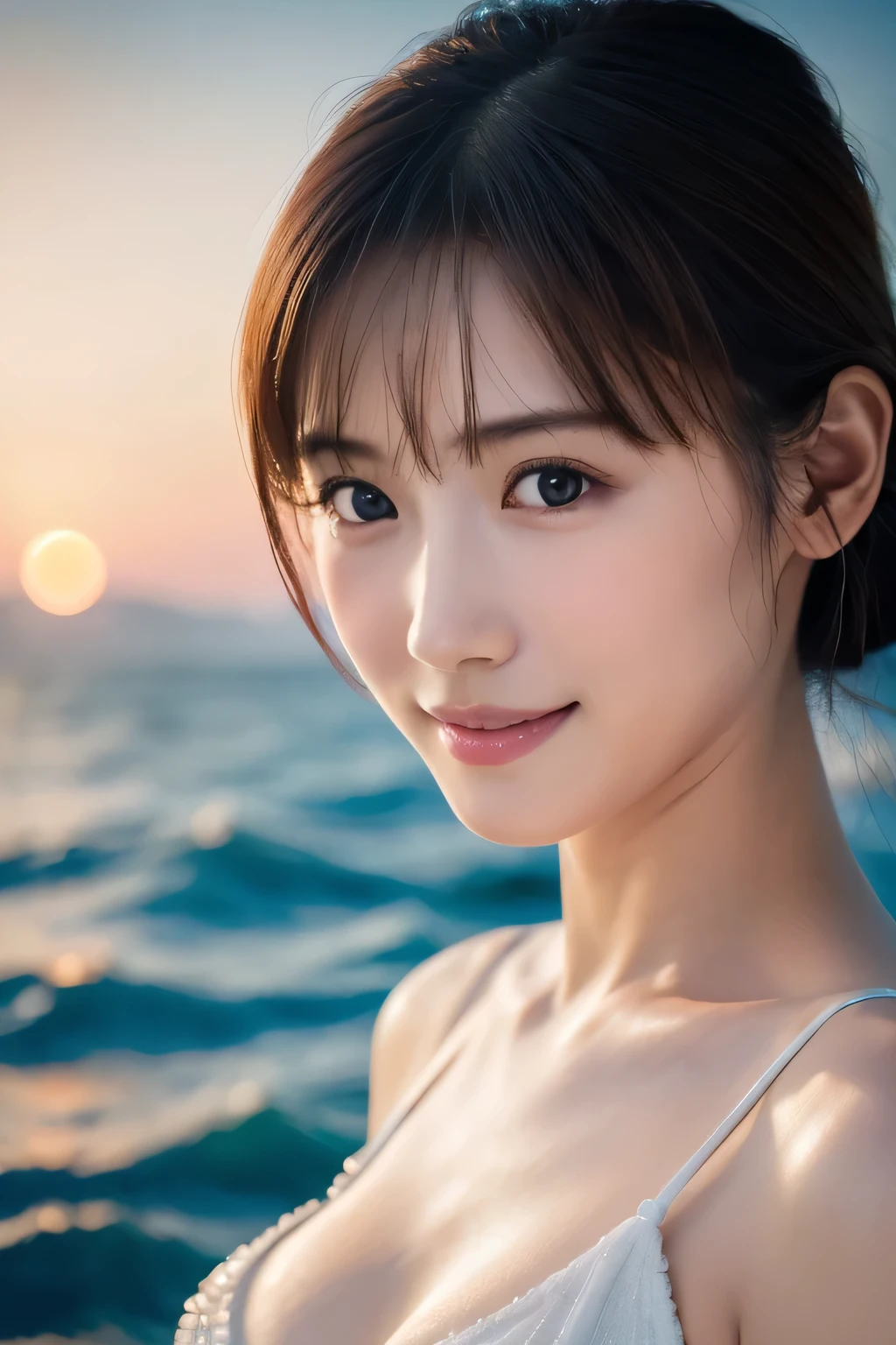 beautiful girl, (Highest quality:1.4), (Very detailed), (Very detailed美しい顔), smile, (Baby Face:1.3), Swimwear, The Beauty of Japan, (Skinny body type:1.3), (Flat Chest:1.3), (Face close-up:1.2), Smooth, Very detailed CG synthesis 8k wallpaper, High-resolution RAW color photos, Professional photography, Light, BackLight, dream-like, impressive, Written boundary depth, Tropical Sea, (Shot from afar and to the side:1.3)