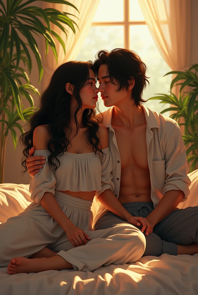 (photorealism:1.2), beautiful asian woman with handsome asian man with longhaired , sitting on bed, wearing loose off-shoulder top, pajama pants, long curly hair, indoors, soft lighting, plants in background, window with sunlight, cozy room, relaxed pose, realistic, intricate details, warm colors, by Greg Rutkowski, by Alphonse Mucha