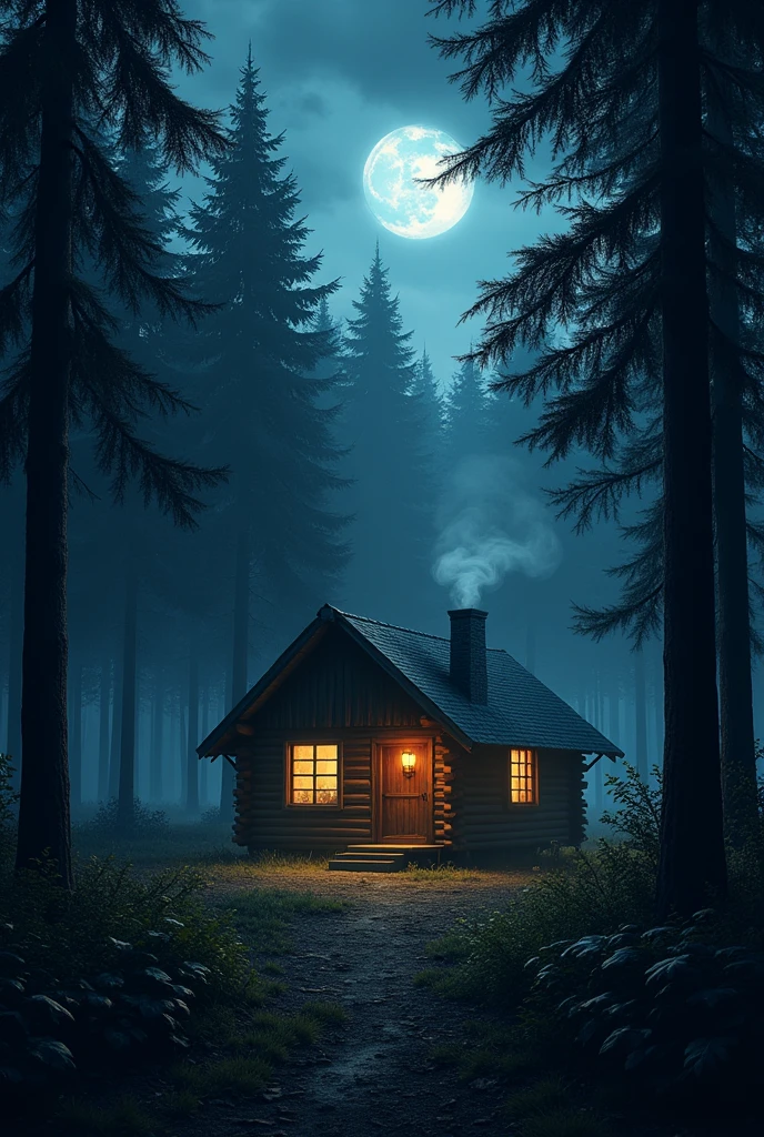 A cabin in a dark forest with lots of trees at night