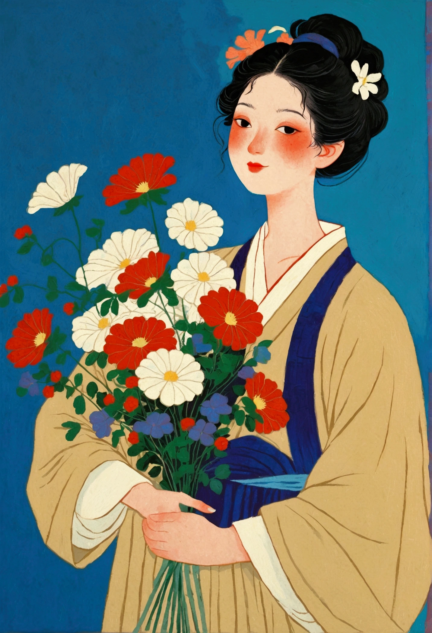 A painting,The painting shows an elegant woman holding a bouquet of flowers, Kose Kanaoka(Kose Kanaoka)Minimalism, Popular trends on pixabay, Cloisonnism,Holding flowers, With blue background, Bring flowers, Flowers grow from the body, Blue loose robe