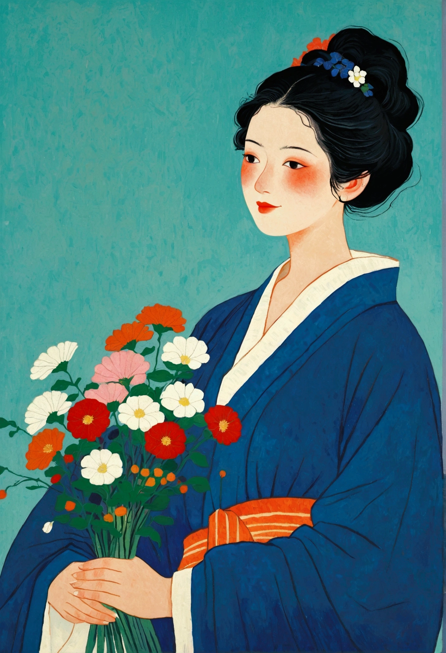 A painting,The painting shows an elegant woman holding a bouquet of flowers, Kose Kanaoka(Kose Kanaoka)Minimalism, Popular trends on pixabay, Cloisonnism,Holding flowers, With blue background, Bring flowers, Flowers grow from the body, Blue loose robe
