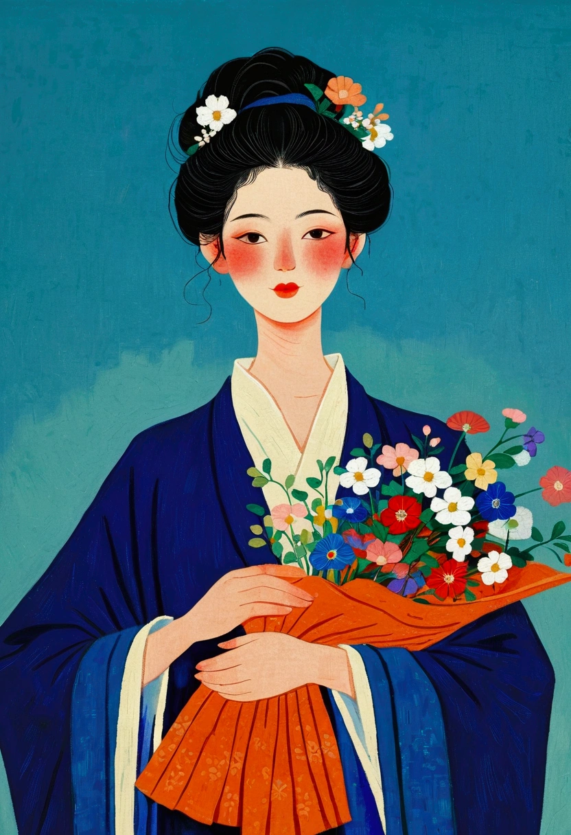 A painting,The painting shows an elegant woman holding a bouquet of flowers, Kose Kanaoka(Kose Kanaoka)Minimalism, Popular trends on pixabay, Cloisonnism,Holding flowers, With blue background, Bring flowers, Flowers grow from the body, Blue loose robe