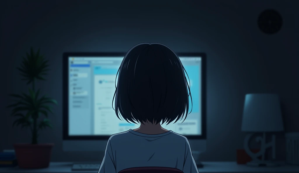 One person, View from a computer monitor,A woman looking into a monitor,A round, heavy bob haircut,19 years old,White T-shirt,Dark Room,Anime Style,High resolution, 