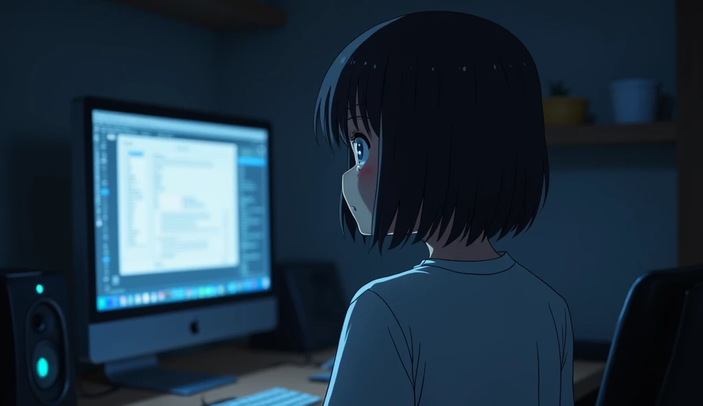 One person, View from a computer monitor,A woman looking into a monitor,A round, heavy bob haircut,19 years old,White T-shirt,Dark Room,Anime Style,High resolution,