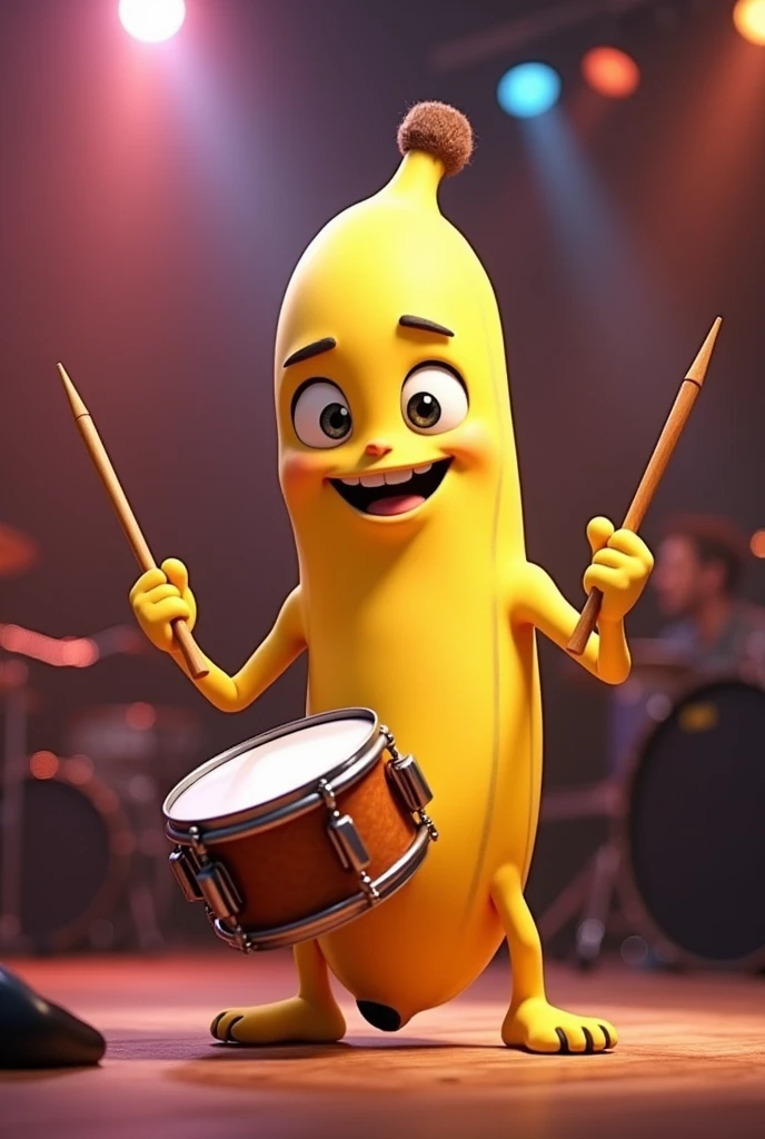 Create an animated character of a banana playing the drums but without using its hands.