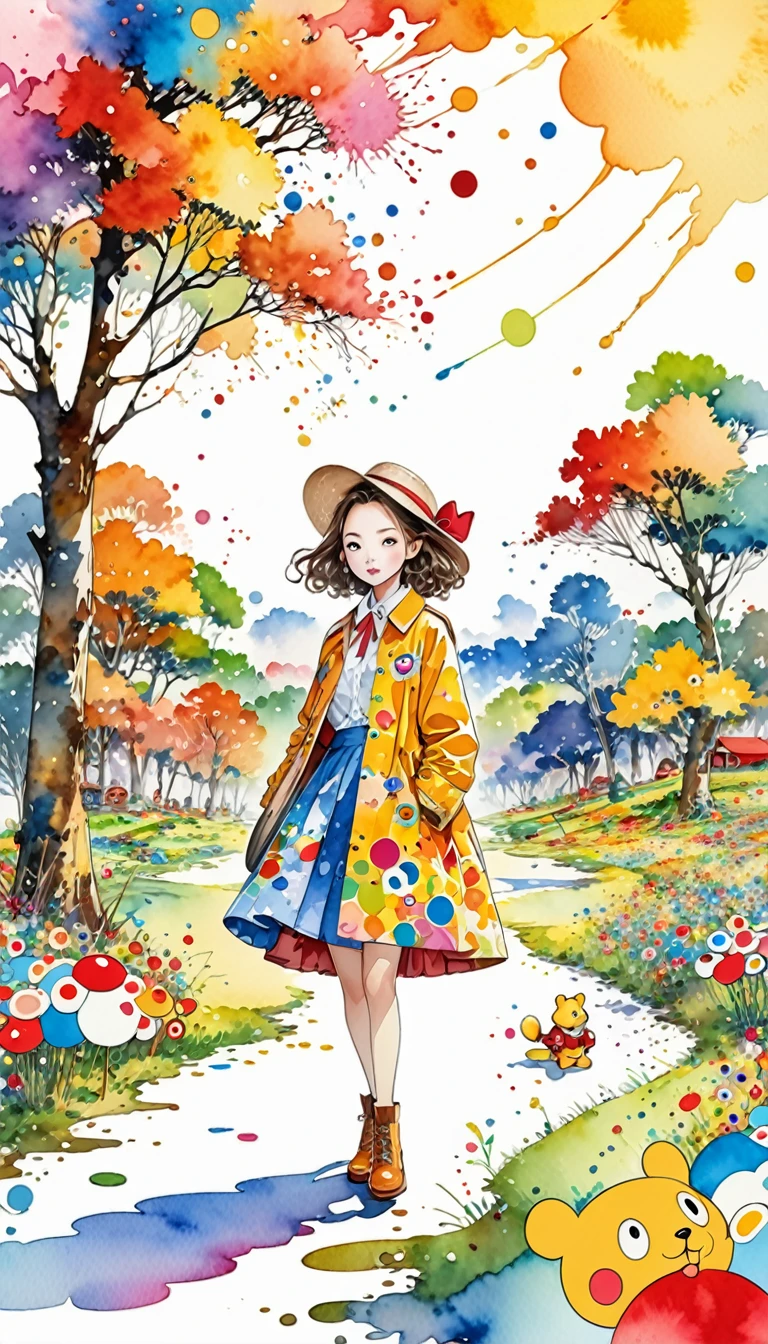 Takashi Murakami Style、(((stylish fashion))), 8K Quality、Intense watercolor, Detailed watercolor art, Watercolor splash, Surreal, avant-garde pop art, Beautiful and expressive paintings, Beautiful artwork illustration, Very colorful tones, wonderful, Cool beauty, highest quality、Official Art, Vector art, Stylish design, ((100 Acre Wood)),(((The most beautiful smiling girl1.3))), (((picnic with pooh1.3))), (((highest quality))), HDR, ((detailed)), (((Doodle Art)), ((masterpiece)), ((Super detailed)), (((Stylish))),